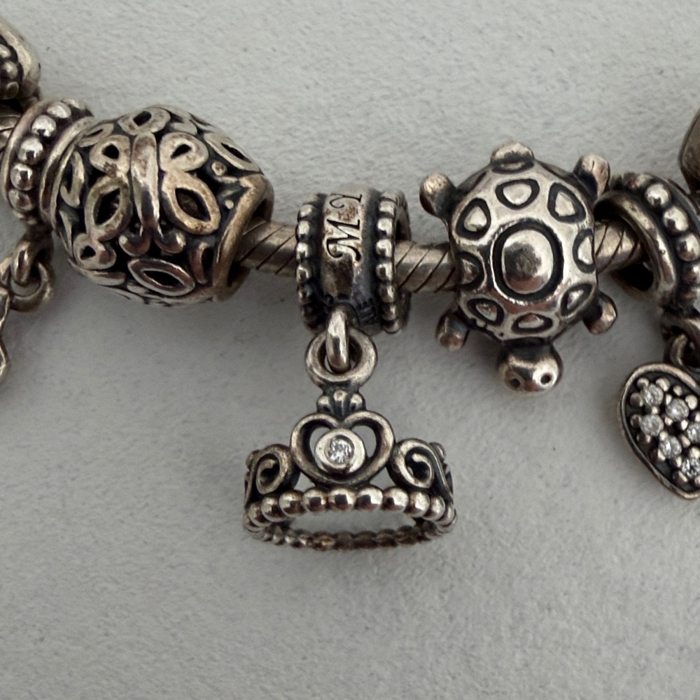 Pandora Silver Snake Charm Bracelet with Heart , Tiara, & Star - Picture 3 of 4